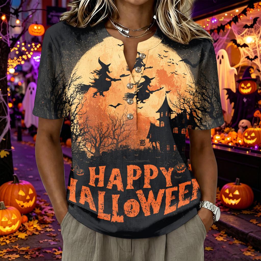 Women's Short Sleeve Henley Shirt Cotton Linen Blend Casual Buttoned Neck Top with Halloween Inspired Pattern and Relaxed Fit