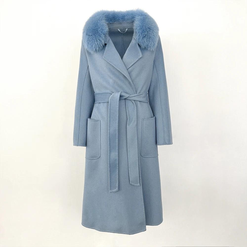 OFTBUY 2024 Autumn Winter Real Fox Fur Collar Water Ripple Double-Sided Woolen Coat Women Long Coat 100% Wool Removable Fur Collar