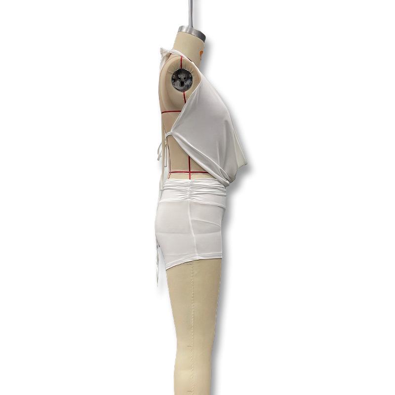 European & American Sexy Low-Cut Halter Backless Top with High-Waisted Ultra-Short Pants Two-Piece Set for Women.