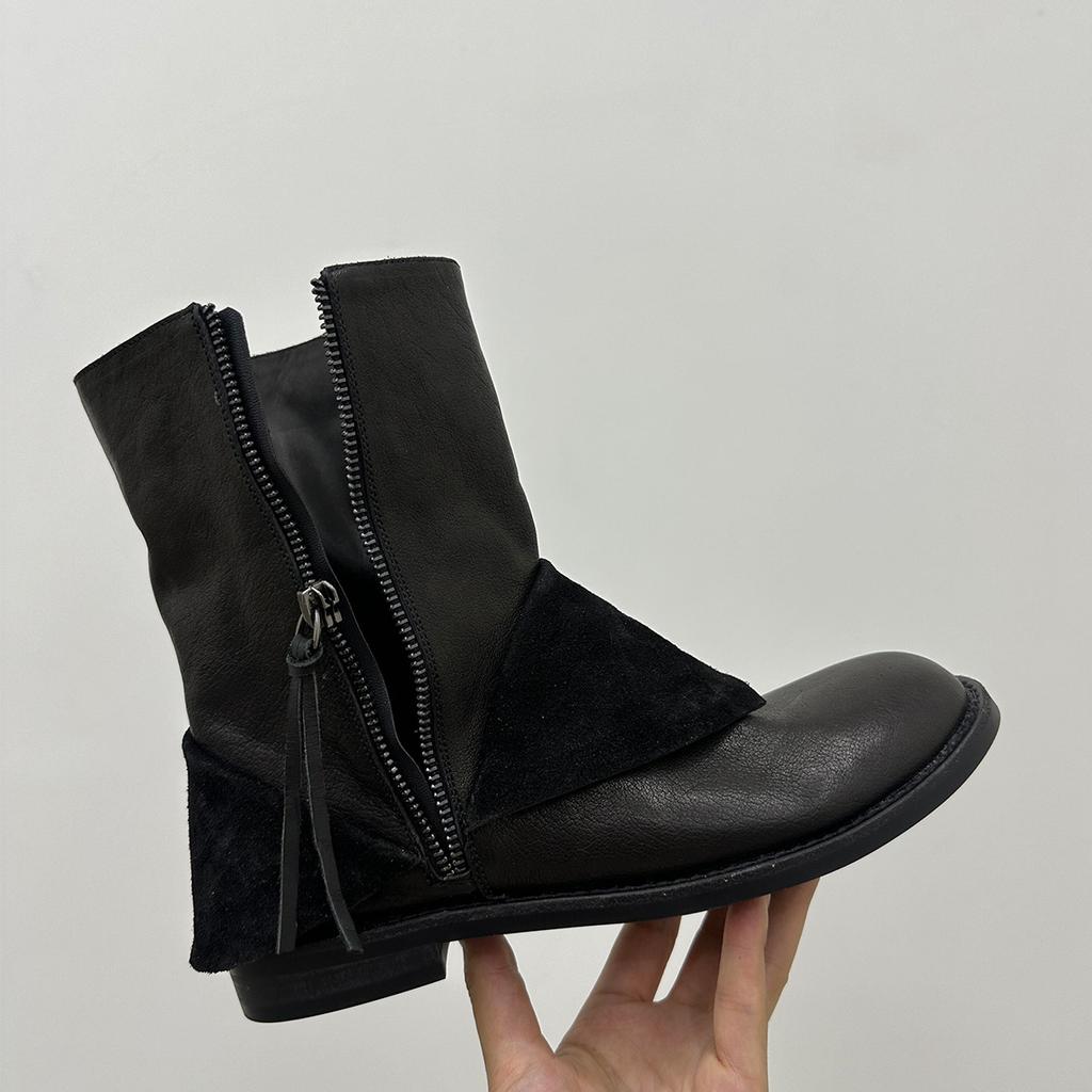 Handsome Side Zipper Leather Flanged Martin Boots Women's British Style Retro Thick Heel Versatile Black Short Boots