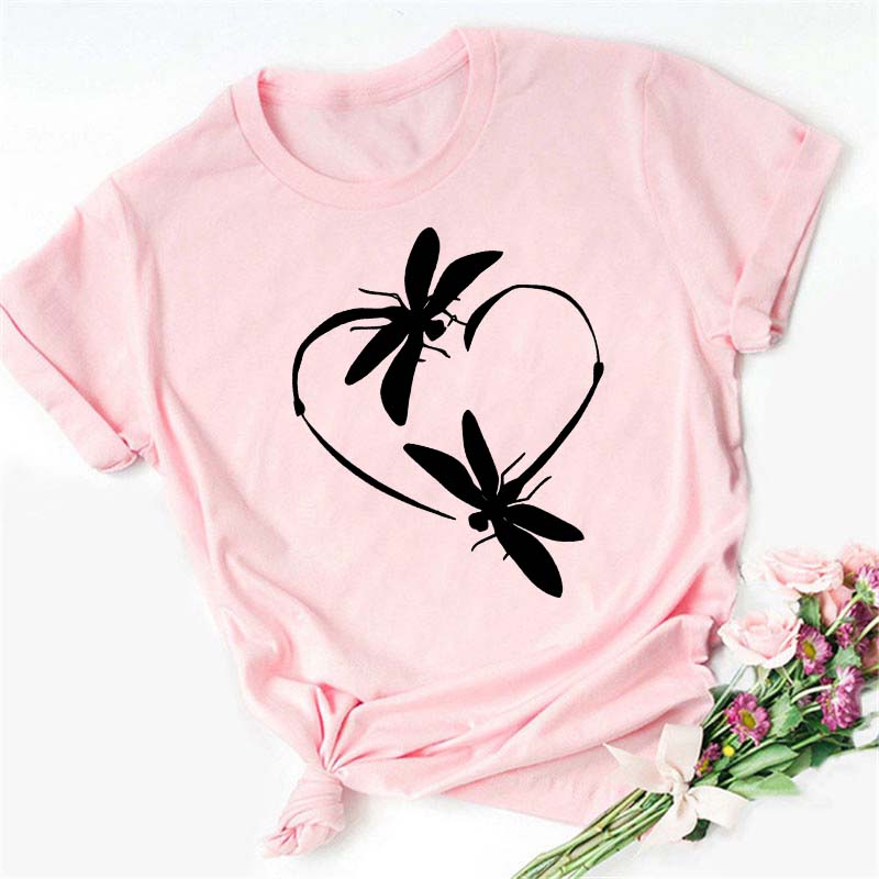 New Love Heart Dragonfly Print Women T-Shirt Fashion Casual Short Sleeves Ladies O-Collar T Shirts Streetwear Graphic Print Tops