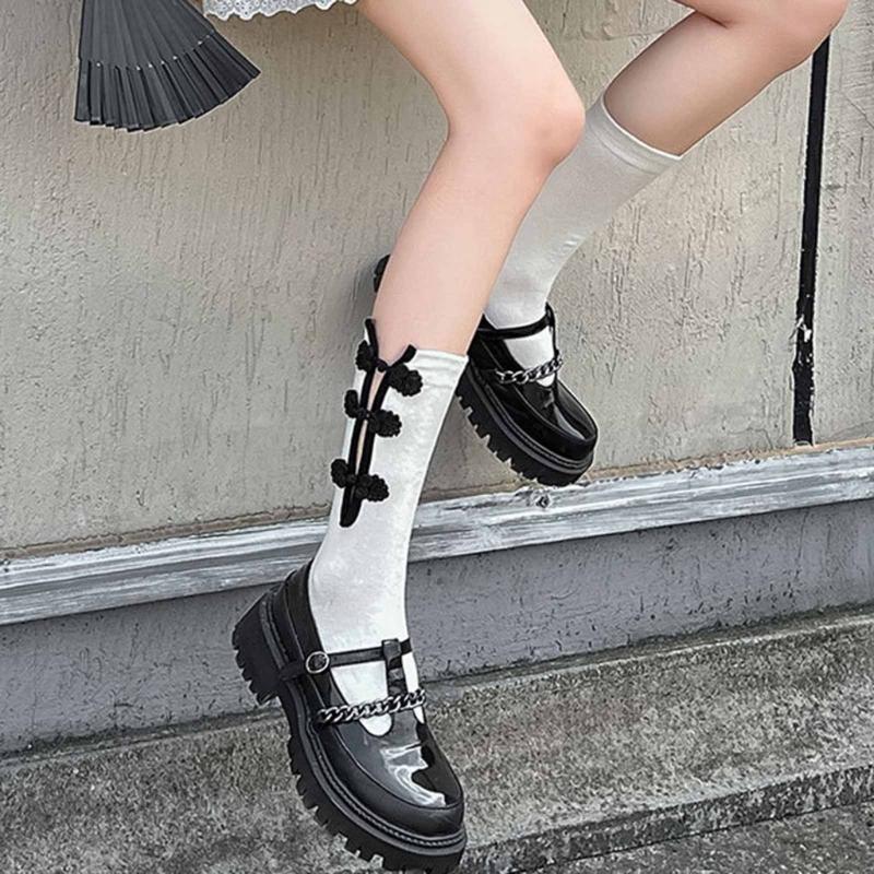 Womens Casual Crew Socks, Chinese Style Cheongsam Buckle Design Ladies Socks Solid Color Cotton Calf Socks