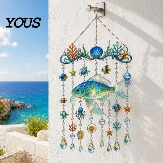 Ocean-Themed Wind Chime Decoration Decoration, Animal Hanging Sun Catcher with Faux Crystal Drops, Stained Glass Acrylic Ornament for Window