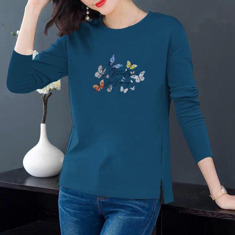 

100% Чистый Хлопок Свободного Кроя Женская Футболка с Длинным Рукавом - Корейский Стиль Осень 2024 Повседневный Универсальный Топ 3XL