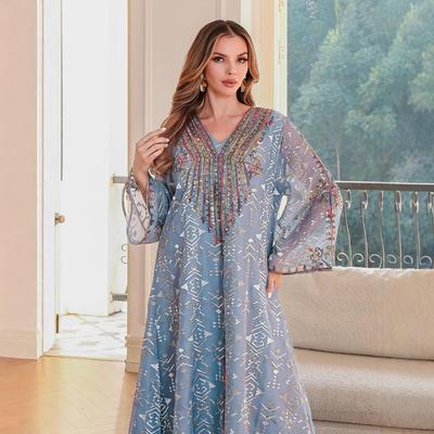 Neue 2025 Bestickte Abaya: Langes muslimisches Damenkleid aus dem Nahen Osten