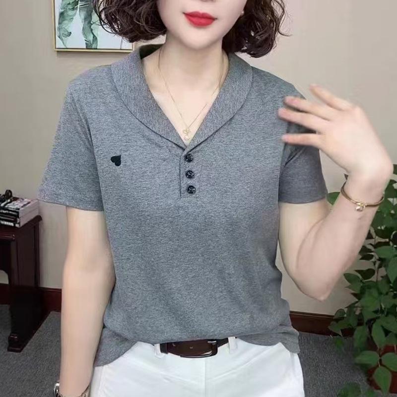 2026 Summer Women's Pure Cotton Short Sleeve Lapel T-shirt for Middle-Aged and Young Mothers - Casual, Loose Fit, Versatile Top