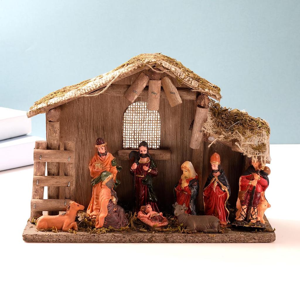 Nativity Scene Figures Religious Festive Miniature Figurine Set Jesus Manger And House Figure Ornaments For Windowsill Home