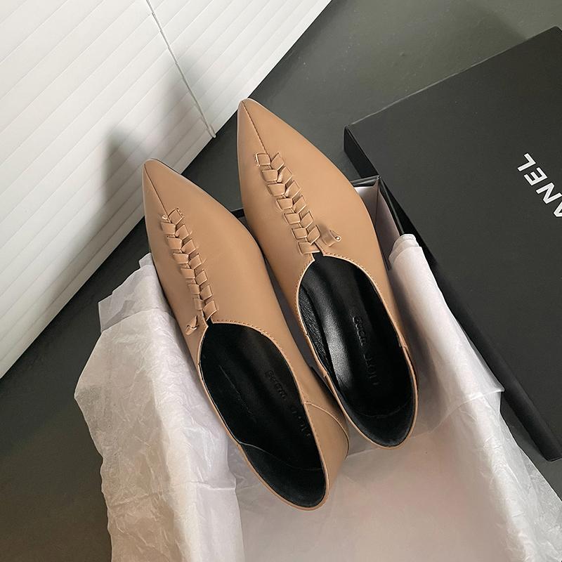 Fashion 2025 New Spring Pointed Toe Flat Heel Flats Genuine Leather Shoes for Women Concise Slip-on Handmade Women Mules Ladies Shoes