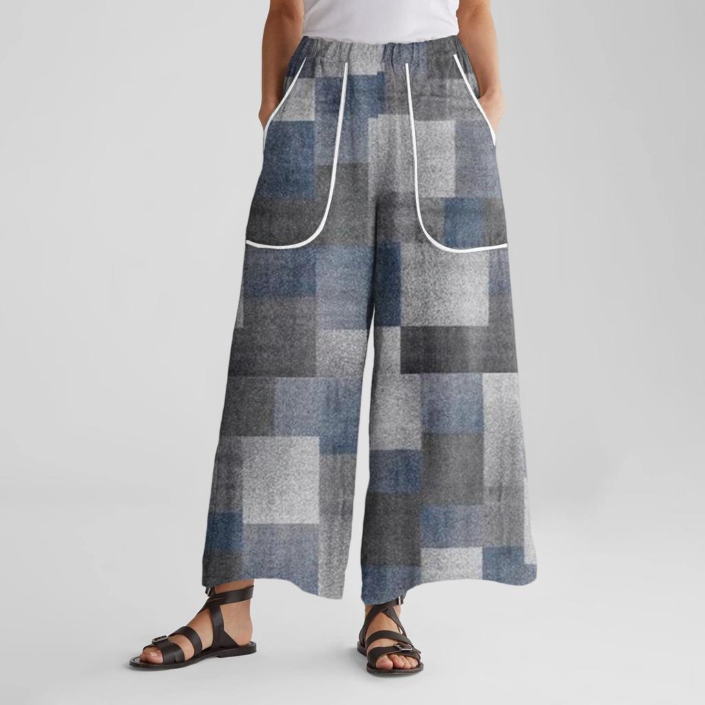 Women's Wide Leg Pants With Elastic Waistband, Retro Printed Large Pockets, Patchwork Loose Pants