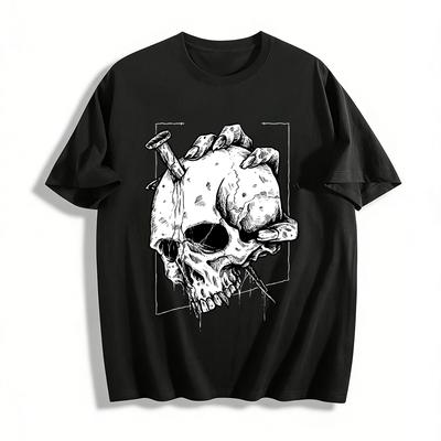 Dark Rivet Pierced Skull Print Trendy Loose Casual Short Sleeve T-Shirt Pure Cotton T-shirt