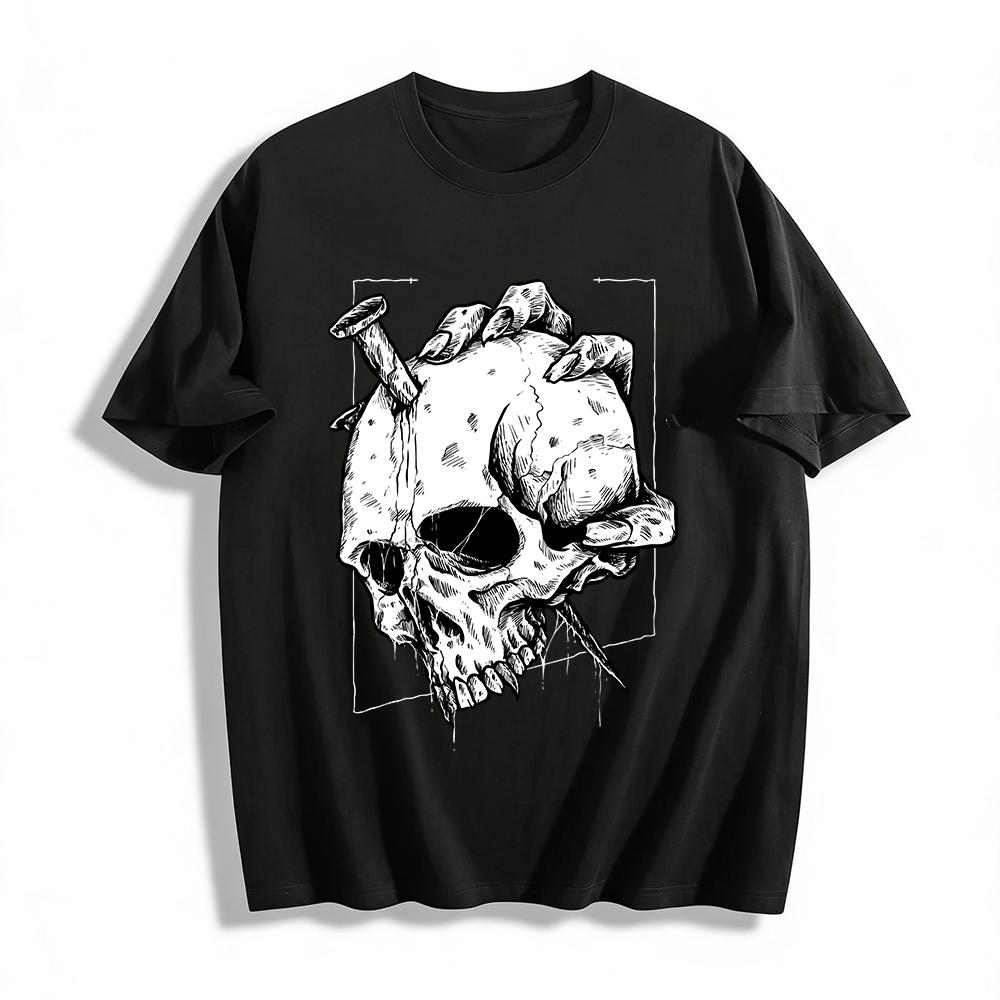 Dark Rivet Pierced Skull Print Trendy Loose Casual Short Sleeve T-Shirt Pure cotton T-shirt XXS
