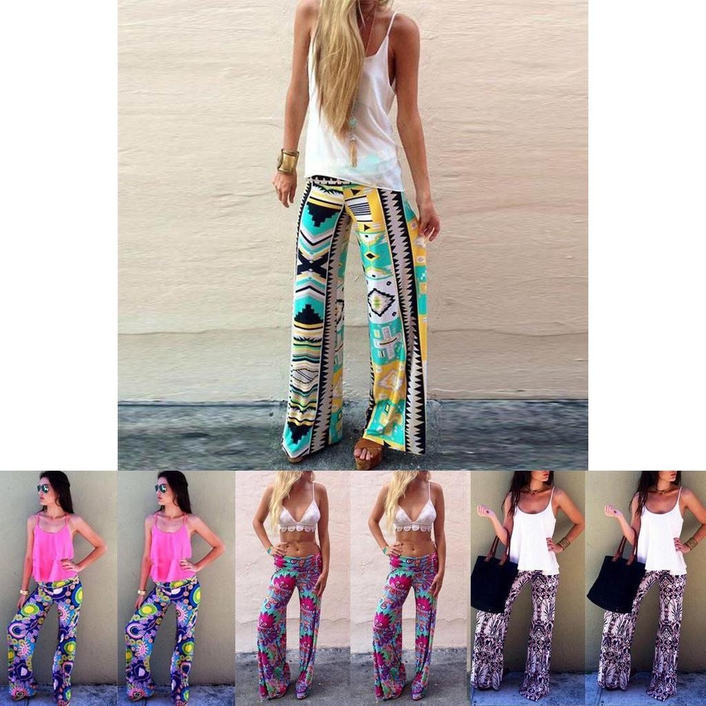 Women Bohemia Long Pants Floral Print Straight Casual Loose Trousers With Micro Fiber Material