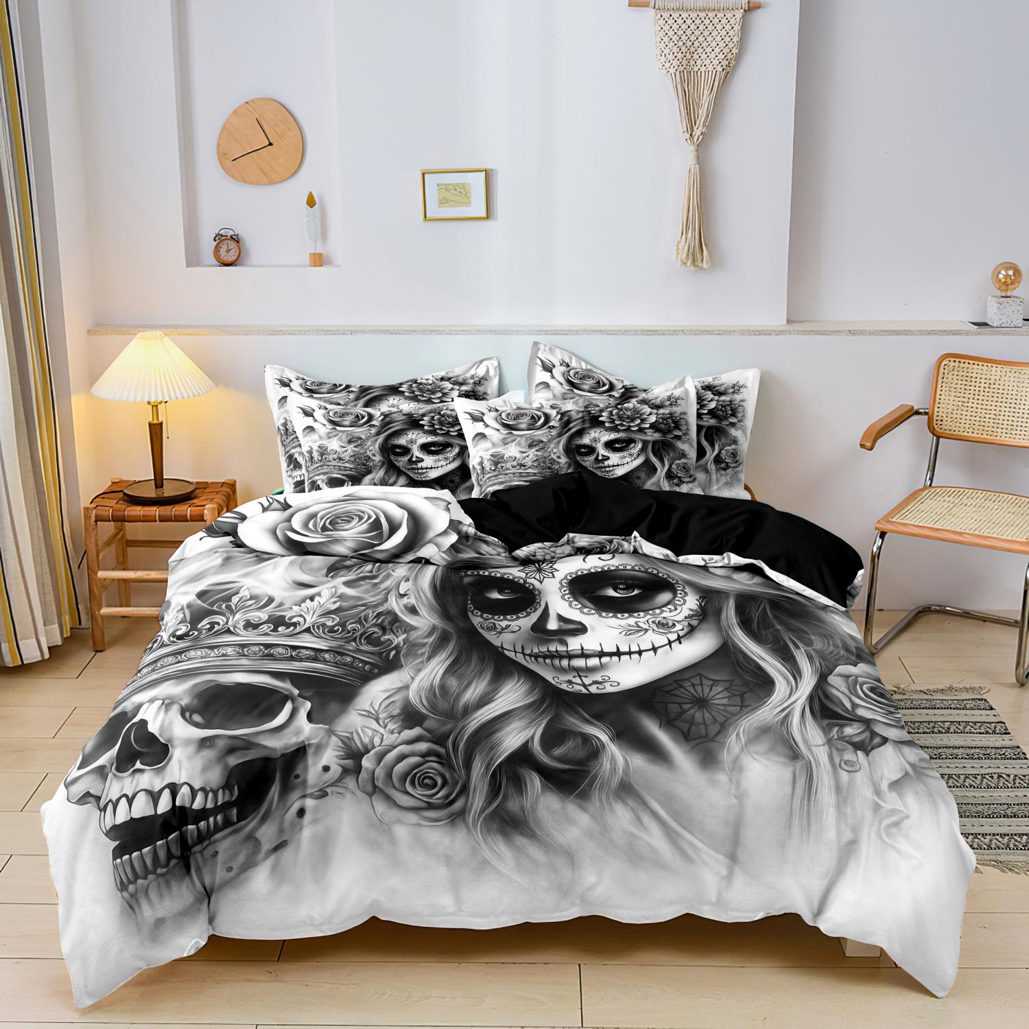 

3 предмета Готический мексиканский сахарный череп Женщина Пододеяльник Постельное белье Цветочные и черепные узоры - Идеально для празднования Дня мертвых EU Single(135*200cm)3pcs
