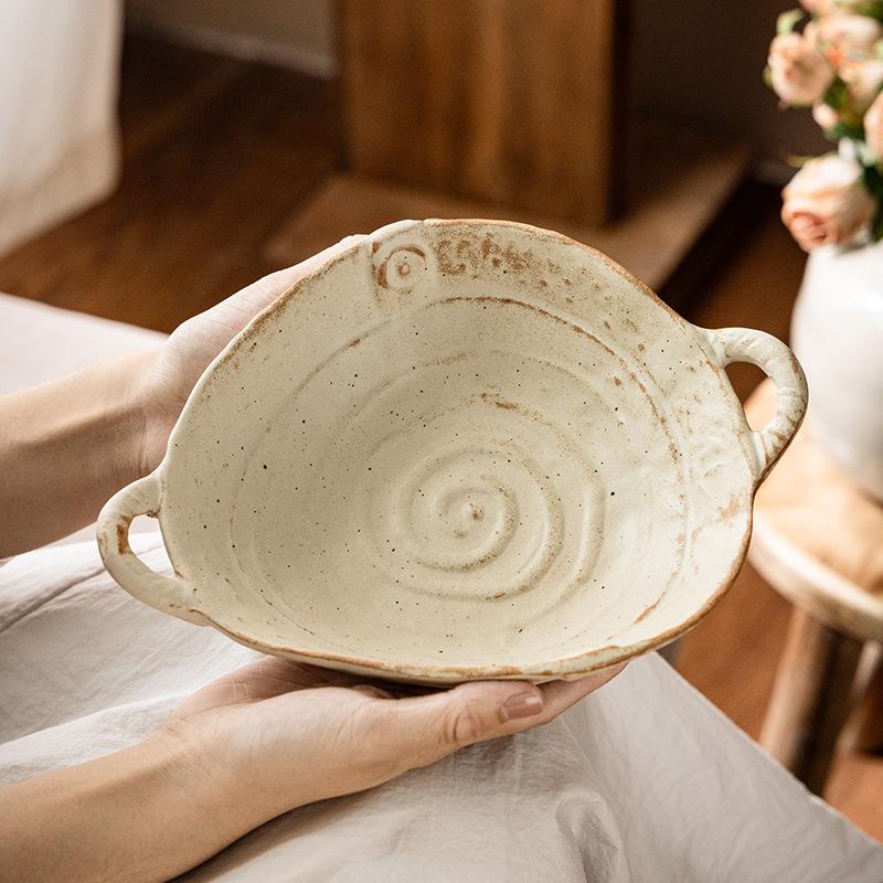 Handmade Coarse Pottery Binaural Plate Retro Salad Plate B & B Restaurant Bread Tableware Bowl Household Soup Bowl Binaural Bowl