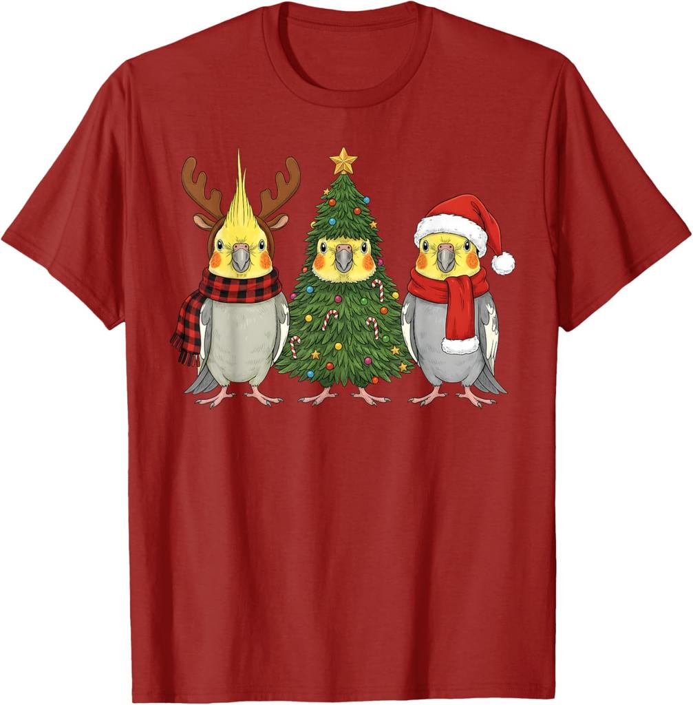 Funny Cockatiel Christmas T-Shirt Santa Reindeer Parrot Graphic Tee Unisex Casual Cotton Print