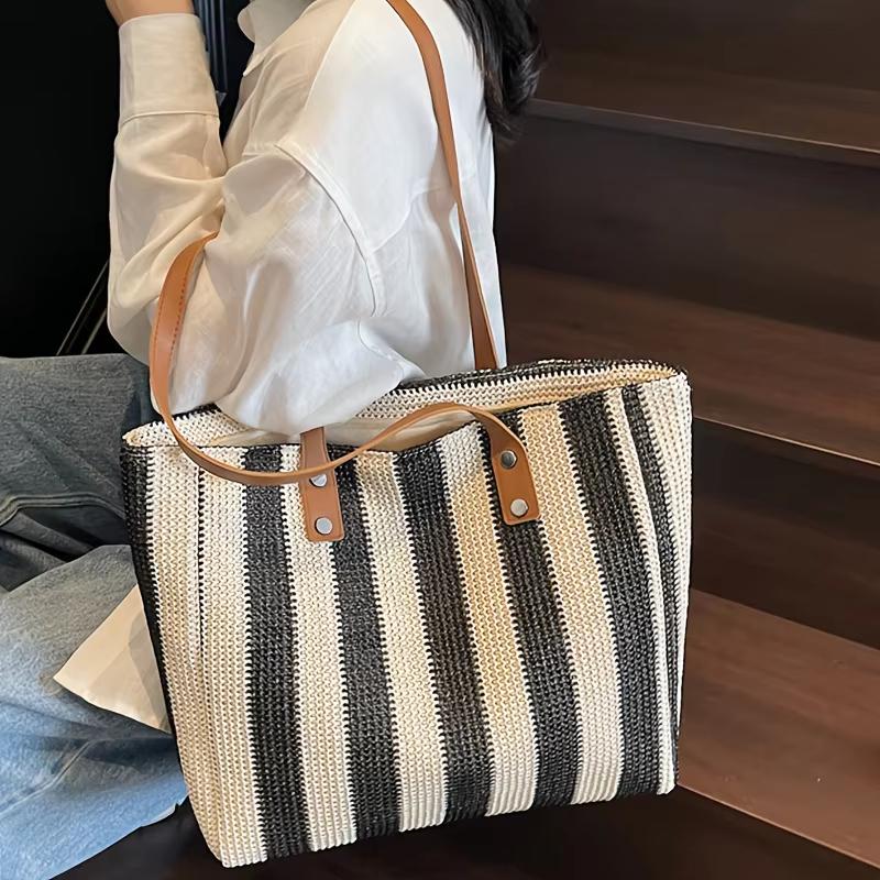 Summer Straw Woven Tote Bag for Women Large Capacity Striped Beach Bag Handmade Knitting Shoulder Bag Casual Vacation Handbag