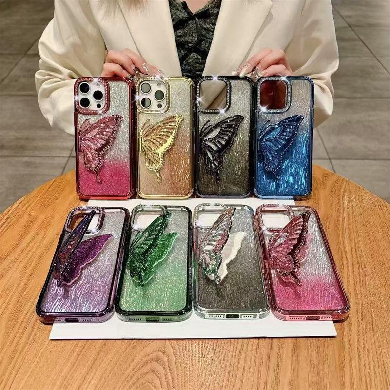 Luxury Bling Butterfly Bracket Transparent Case For iPhone 16 Plus 15 14 13 12 Pro Max 11 Plating Shiny Gradient Diamond Cover