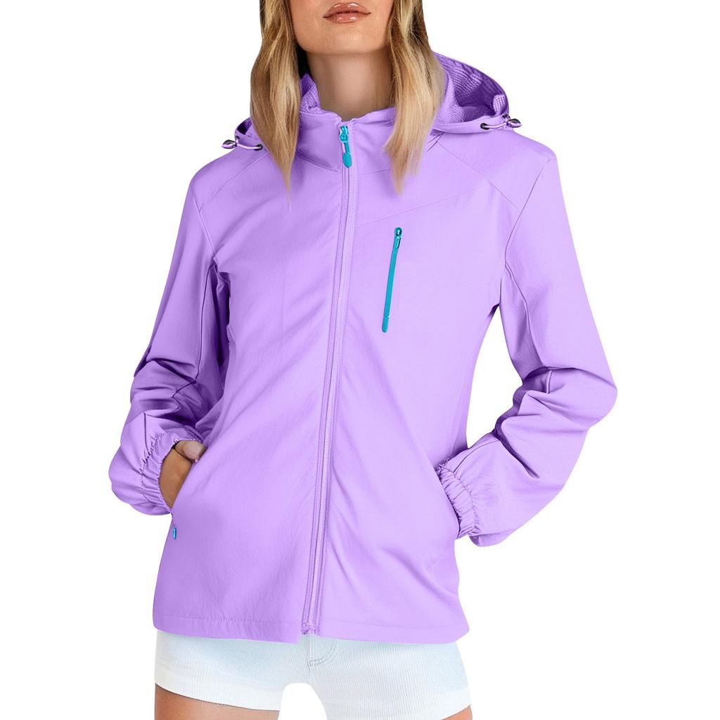 Costum de exterior cu glugă cu mâneci lungi pentru femei, culoare uni, jachetă subțire rezistentă la vânt și impermeabilă