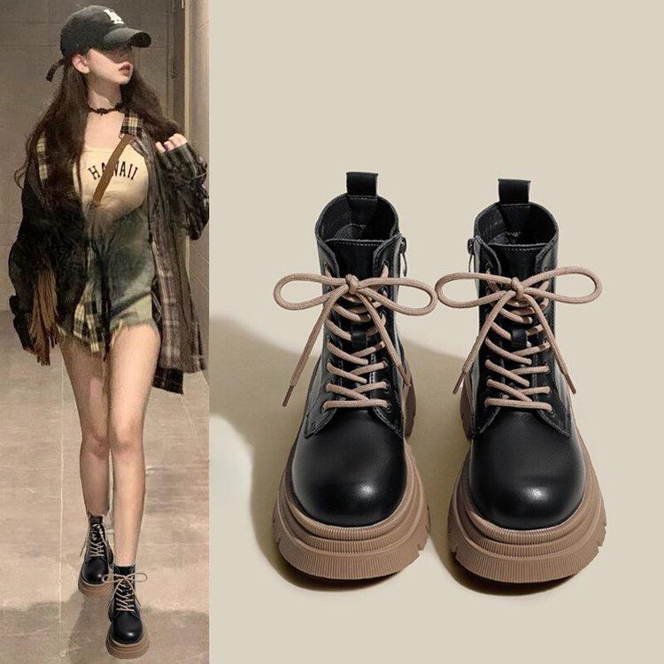 Autumn and Winter Women's Spring Single Boots Versatile Thick Bottom Black British Style Short Female Boots
