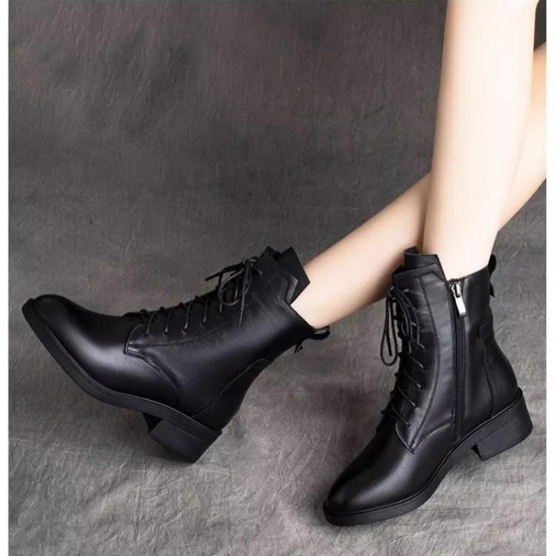 Fashion 2024 New Ladies Shoes Hot Sale Cross-tied Women's Boots Fashion Side Zipp Casual Boots Women High Quality Square Heel Mid-Calf