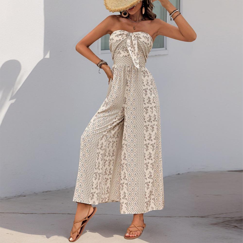 Women's Strapless Tube Top Printed Wide Leg Jumpsuit High Waist Tie Front Vacation Long Romper