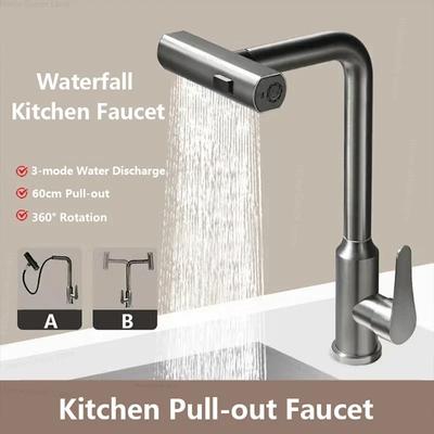 Waterfall Kitchen Faucet Stainless Steel 360° Rotating Waterfall Flow Nozzle Hot and Cold Water Sink Mixer Kitchen Pull-out Fauc