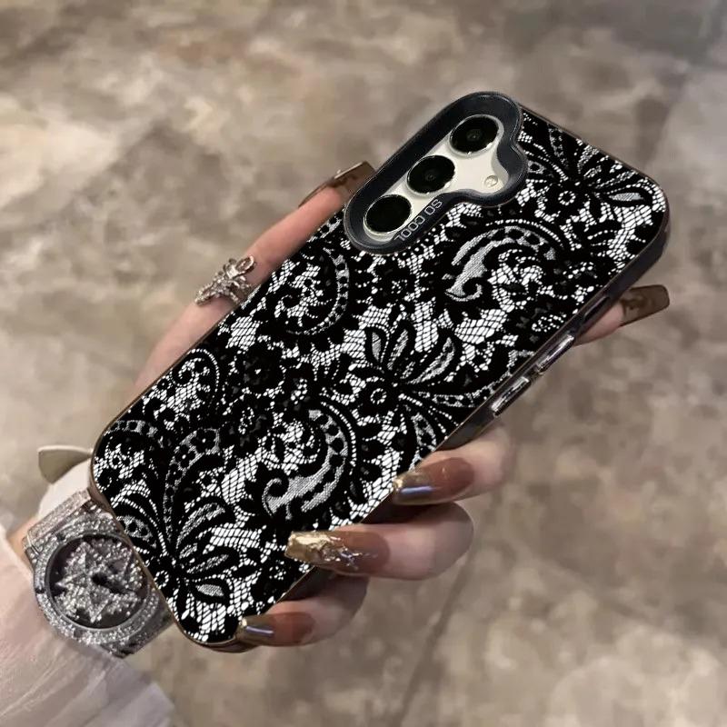 Fashion Lace Black Laser Phone Case For Samsung Galaxy S26 A16 A26 A24 A36 A35 A56 A55 A54 S25 FE S24 Ultra S23 Plus S22 Cover