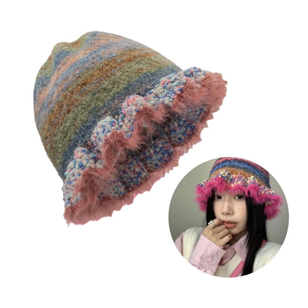 Handmade Knit Striped Bucket Hat for Woman Weaving Striped Plush Floppy Bucket Hat Adult Teens Winter Fisherman Cap