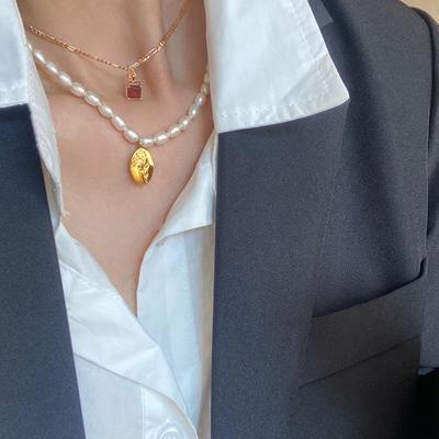 Handmade Natural Freshwater Pearl Necklace Long Sweater Chain French Vintage Xiaomi Pearl Neckchain Embossed Rose Pendant