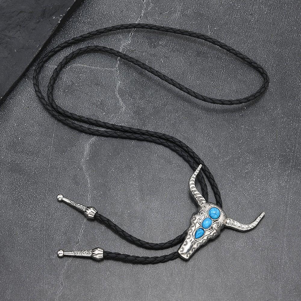 Turquoise Bolo Tie Necklaces Daily Outfits Vintage Sweater Chain Bull Head Necklaces Men Women