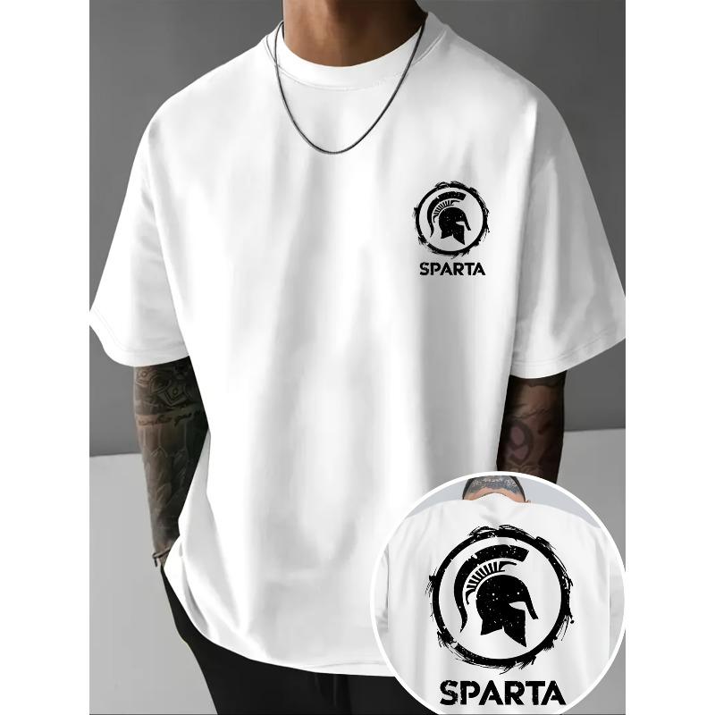 Мужская футболка Спартанский Греческий Воин Шлем Спартанца и Логотип SPARTA - Черно-Белый Греческий Ключ Повседневная и Историческая Одежда для Зала S белый