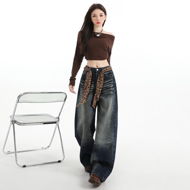 Dámské retro modré džíny s vysokým pasem a širokými nohavicemi - Všestranné, volný střih, podzimní móda.