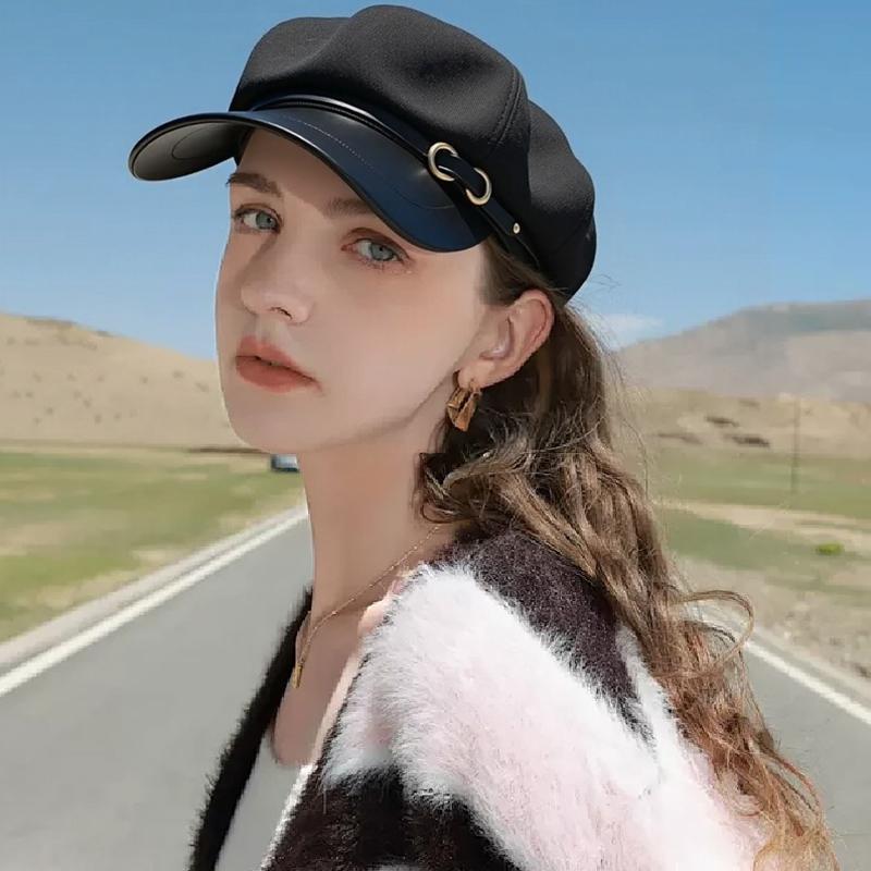 1PC Peak Cap Vintage Belt Buckle Design Gift Accessories Versatile Beret Cool Leather Brim Fashion Octagonal Hat Warmth 58-60cm
