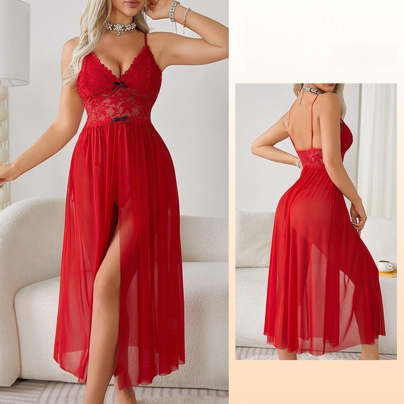 Großformat Sexy Mesh-Spitzen-Nachthemd Hoher Schlitz Langes Camisole Mehrfarbig Loungewear 681 Inklusiv Stilvolle Nachtwäsche Entworfen für Kurvige Körpertypen