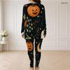 Women Plus Size Halloween Printed Half Zip Long Sleeve Longline Top And Fitted Pants Two Piece Set