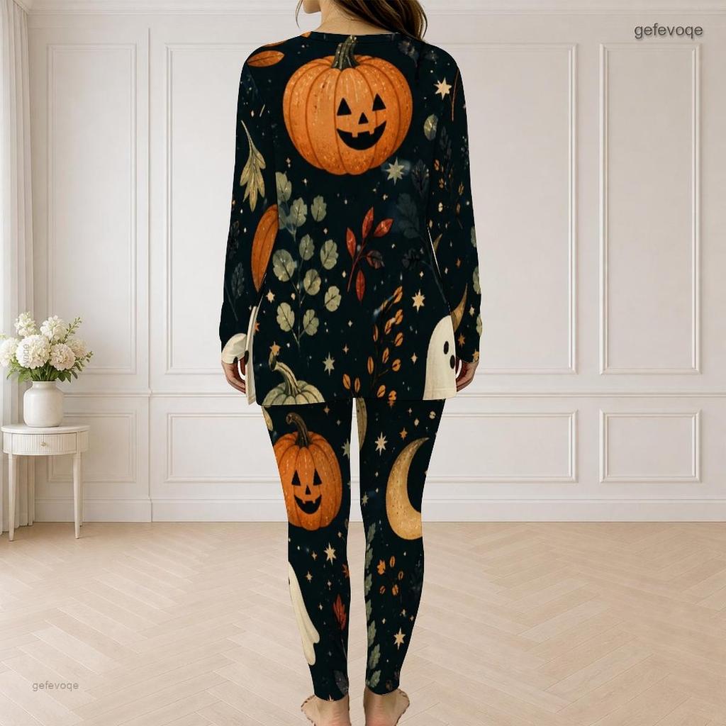 Women Plus Size Halloween Printed Half Zip Long Sleeve Longline Top And Fitted Pants Two Piece Set