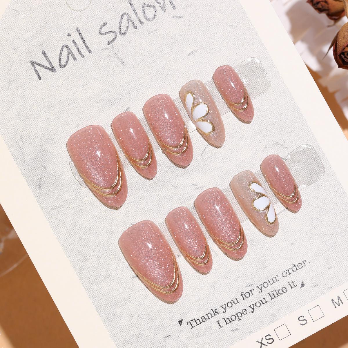 Almond Wearable Nails: T767 Gold Thread, White Flower, Nude Pink Cat Eye, French Gold Line Stickers for a Simple, Elegant Look