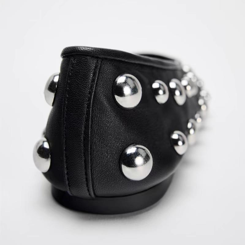 New Rivet Round Head Flat Shoes Luxury Black Leather Sandal Ballet Sandals Silver Ball Metal Hollow Mary Jane Shoes