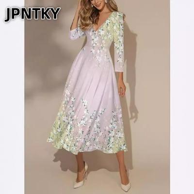 JPNTKY Módní letní jarní šaty s 3/4 rukávem a výstřihem do V