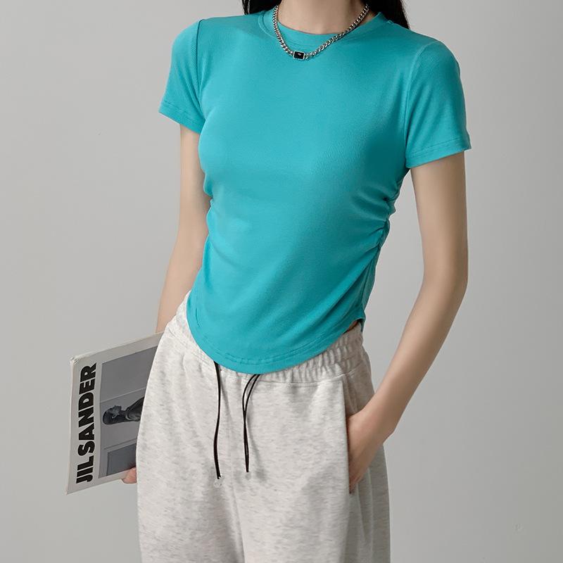 Dam sommar ny design slim bas-skjorta midje-kramande rund hals topp