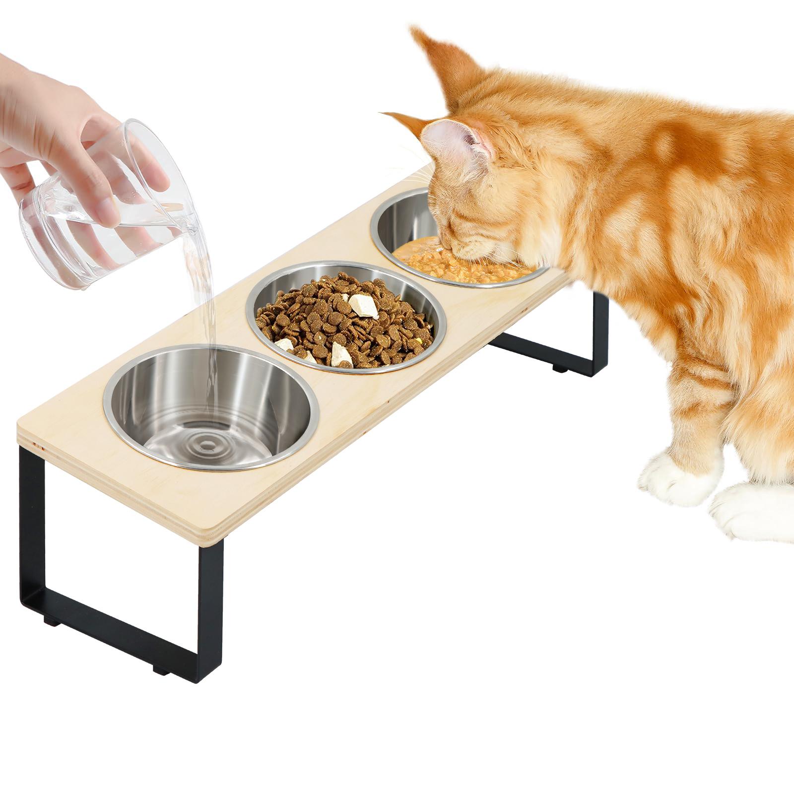 

Tilt 15° Raised cat food bowl 3 stainless steel bowls, drinking and eating With wooden stand Anti-vomiting Suitable for cats