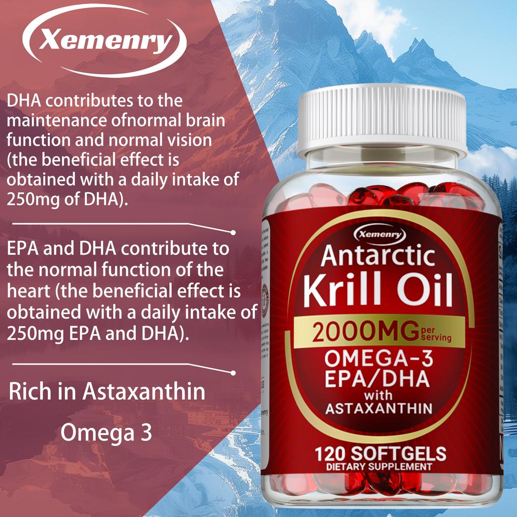 Olio di Krill Antartico 2000 mg con Omega-3 EPA, DHA, Astaxantina e Fosfolipidi, Senza Glutine, Non-OGM