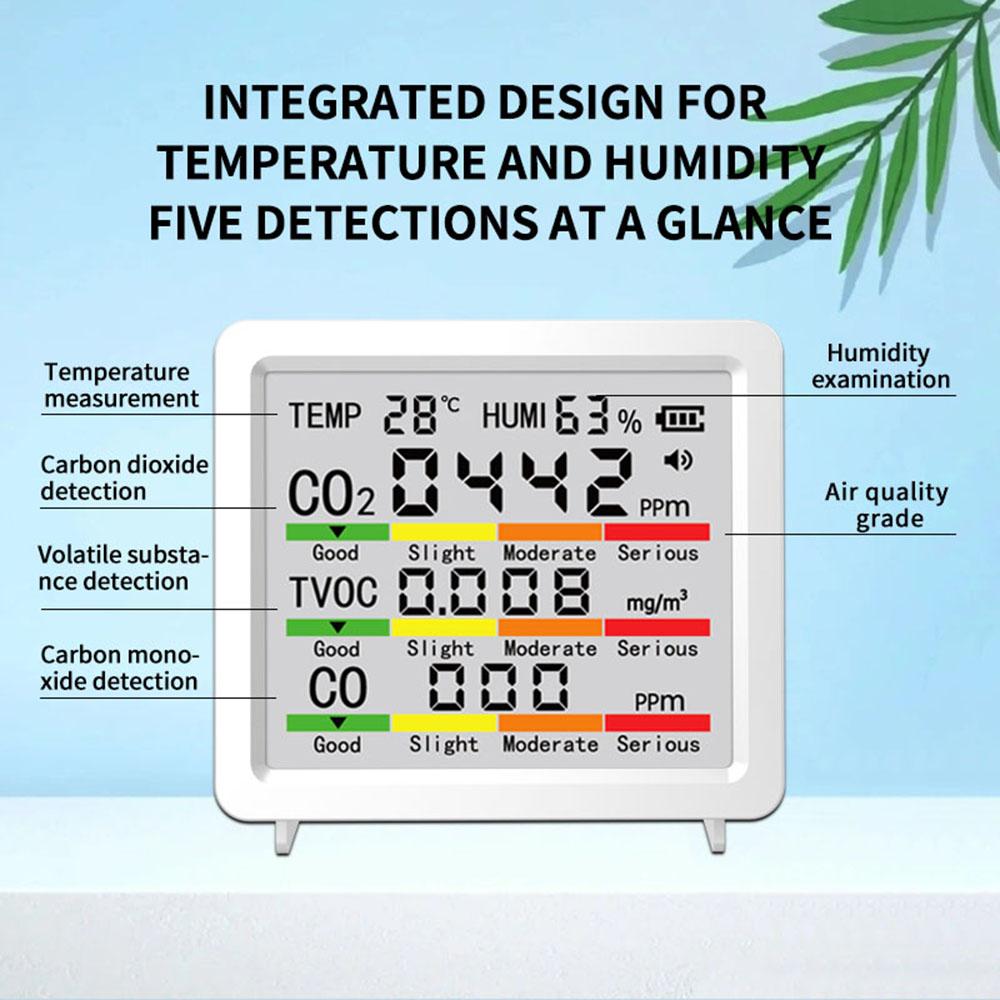 5-in-1 Air Quality Detector Temperature Humidity Meter CO2 HCHO TVOC Air Quality Monitor Tester Tool Large Screen Display