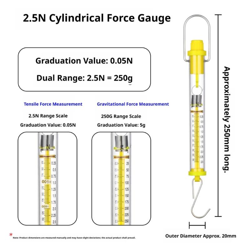 Classroom Essential Yellow Force Meter Cylinder Spring Scale With Clear Measurement Marking From 1N To 50N Capacity