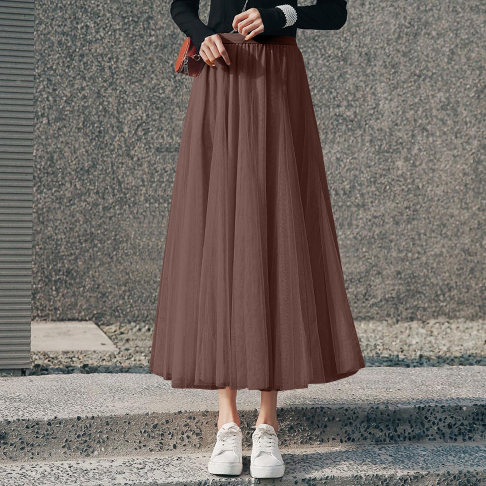 

Длинная тюлевая однотонная элегантная юбка с блестками и блестками, многослойная сетчатая юбка чайной длины с большим подолом для женщин XL коричневый