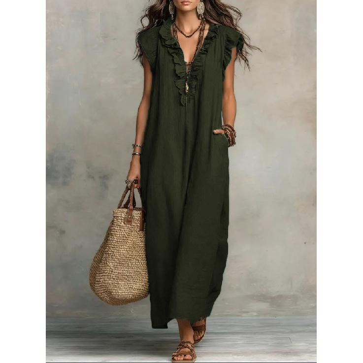 2026 Spring/Summer New Bohemian Style Long Dress for Women with Flutter Sleeves, Casual Solid Color Long Dress
