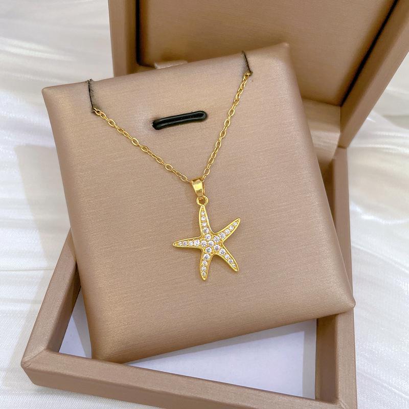 Fashion Simple Gold Color Starfish with Zircon Pendant Necklaces for Women Stainless Steel Chain Jewelry Accessories Gifts