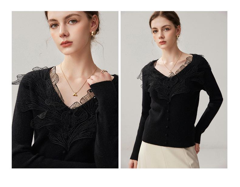 Women's Cloud Leaf Lace V-Neck Cashmere Sweater: Autumn/Winter Slimming Pullover, Single-breasted Base Layer Top.