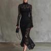 Women's High Neck Long Sleeve Sheer Lace Mermaid Maxi Dress High Waist Bodycon Party Gown