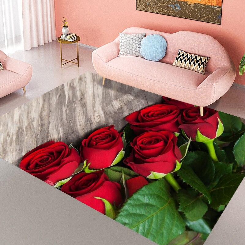 Non Slip Living Room Decorative Mat Rose Flower Washable Hallway Entry Area Rug for Bedroom Fluffy Carpet